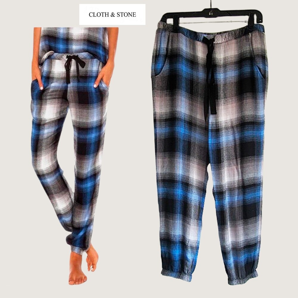 Cloth & Stone NEW Plaid Flannel Jogger Lounge Pants Blue Black S